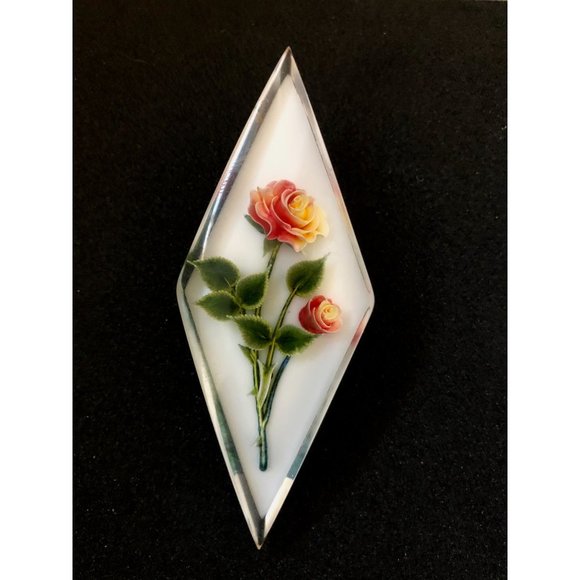 Reverse Carved Vintage Lucite Red & Yellow Rose Brooch - Picture 1 of 3